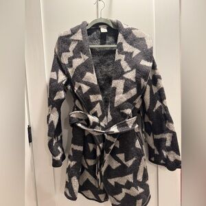 Wool Geometric Patterned Belted Coat Sweater Wrap Jacket